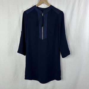 Trina Turk Kaiko Navy Blue Zip Tunic Shirt Dress Women’s Size XS Roll Tab Sleeve
